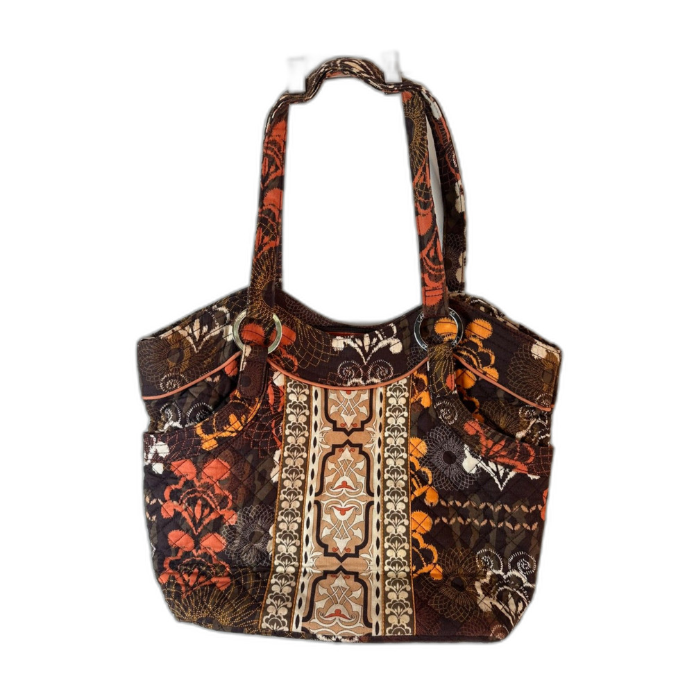Marie by Giftcraft Quilted Tote Bag Brown Orange Floral Shoulder Handbag Purse